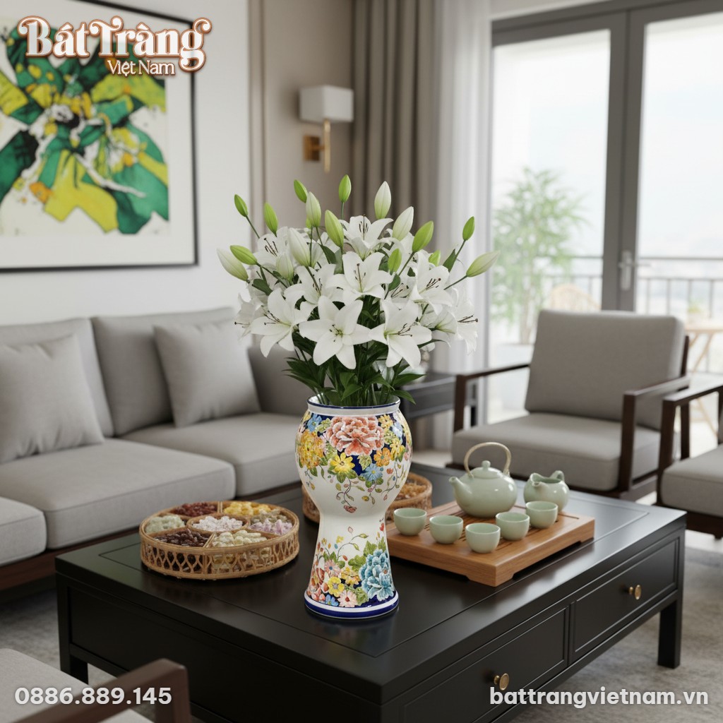 Một chiếc bình gốm sứ họa tiết hoa mẫu đơn 33cm...