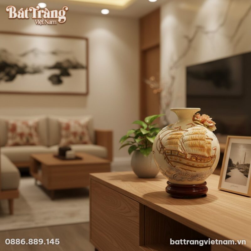 Bình hút lộc gốm sứ 19cm đặt trên kệ tivi gỗ sồ...