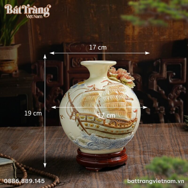 Kích thước Bình Hút Lộc Gốm Sứ Họa Tiết Thuyền Buồm Đắp Nổi BT-BHL83