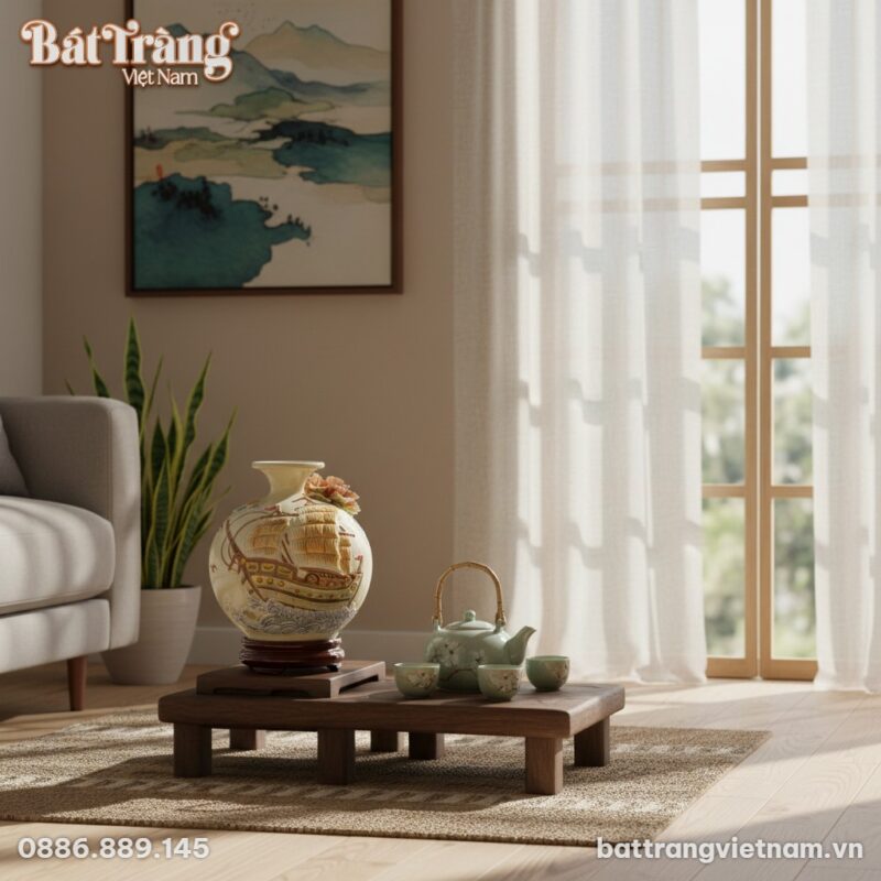 Bình hút lộc gốm sứ 19cm đặt trên chiếc đôn gỗ ...