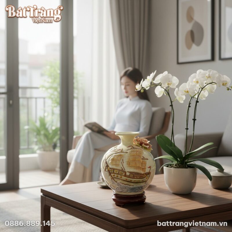 Bình hút lộc gốm sứ 19cm đặt trang trọng trên b...