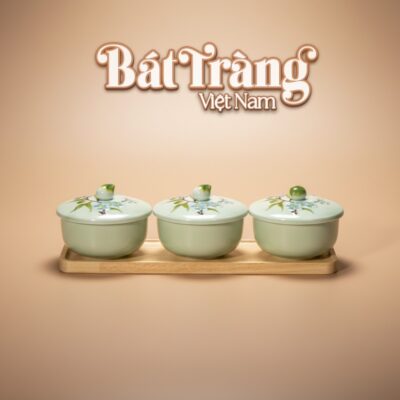 Bộ Khay Mứt Sứ 3 Hũ Men Xanh Ngọc Vẽ Hoa Bát Tràng