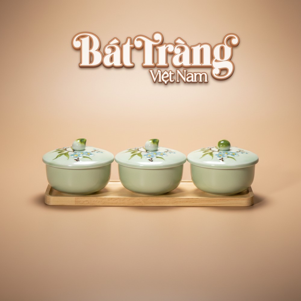 Bộ Khay Mứt Sứ 3 Hũ Men Xanh Ngọc Vẽ Hoa Bát Tràng