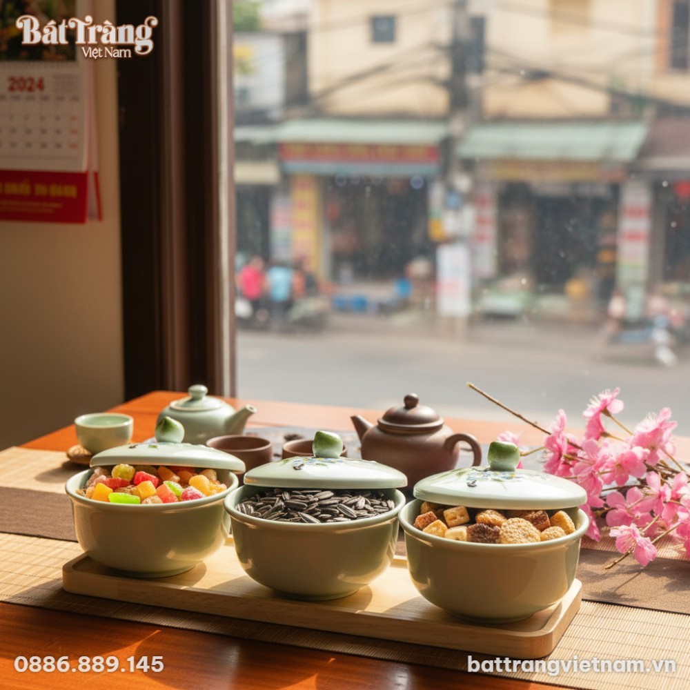 Cận cảnh Bộ Khay Mứt Sứ Bát Tràng men ngọc trên...