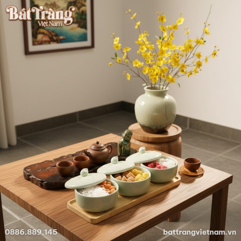 Bộ khay mứt Tết gốm sứ men ngọc trên bàn trà gỗ...