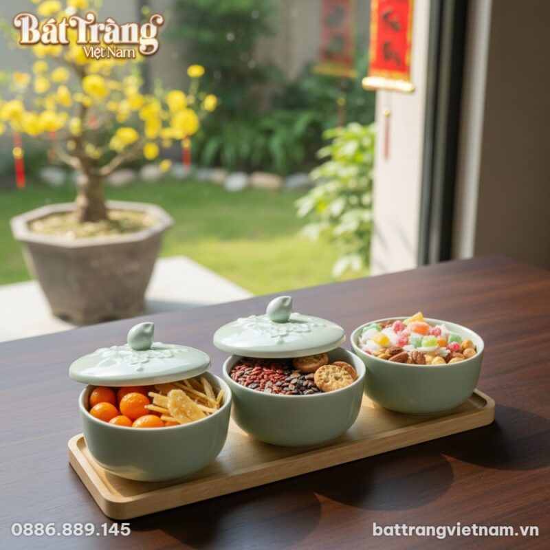 Góc nhìn cận cảnh nghệ thuật bộ khay mứt Tết gố...