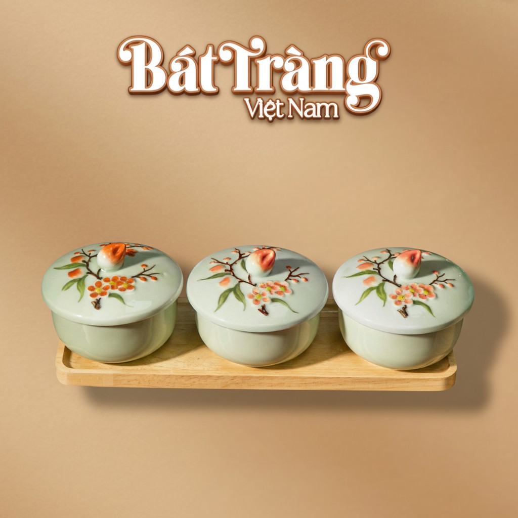 Bộ Khay Mứt Tết Men Ngọc Họa Tiết Hoa Đào Kèm Khay Gỗ