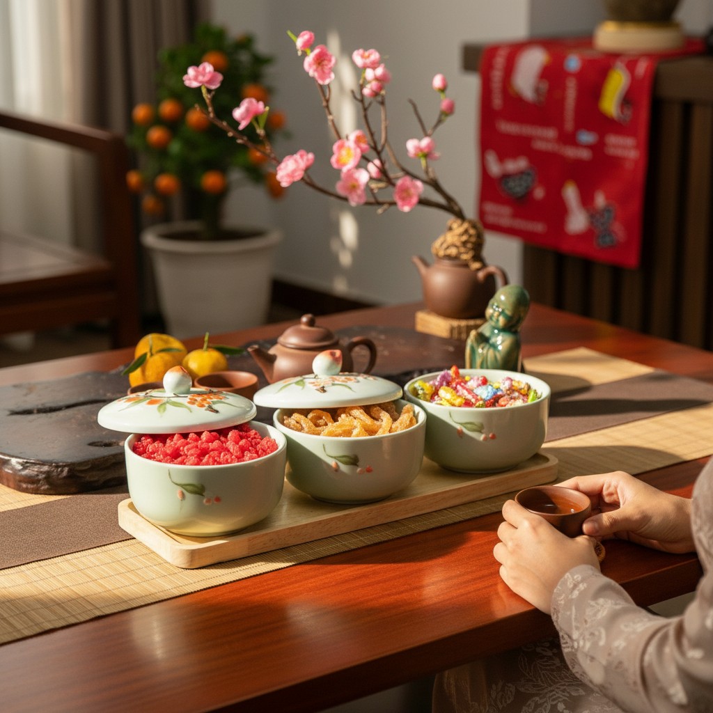 Cận cảnh bộ khay mứt Tết men ngọc họa tiết hoa ...