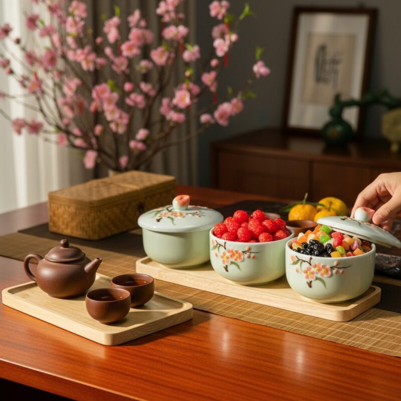 Cận cảnh tinh xảo bộ khay mứt Tết men ngọc họa ... Cận cảnh tinh xảo bộ khay mứt Tết men ngọc họa ...