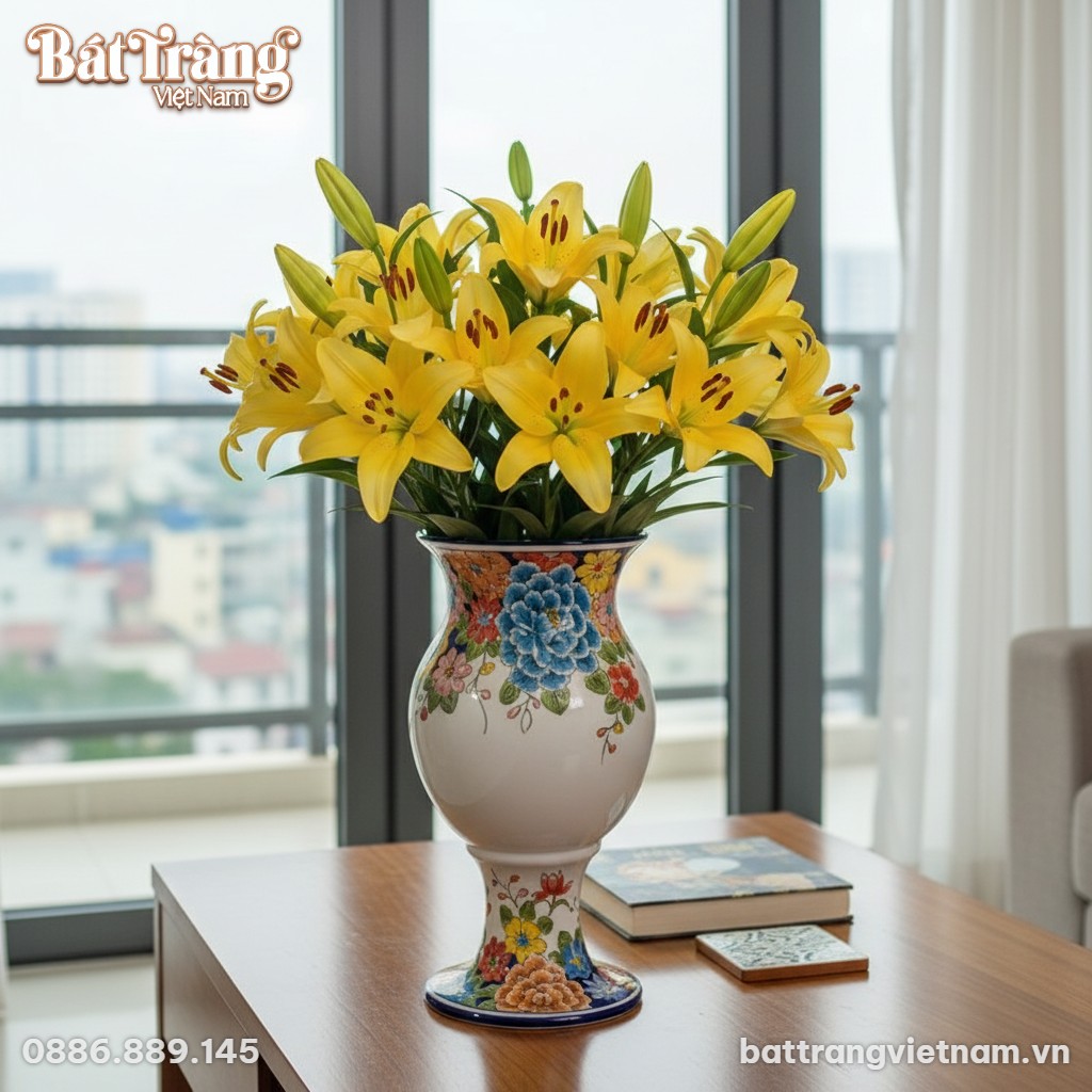 Lọ hoa gốm H30 men trắng họa tiết mẫu đơn đa sắ...