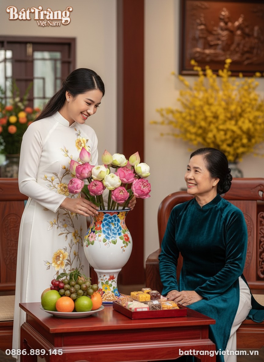 Một góc cận cảnh tinh tế lọ hoa gốm H30 họa tiế...