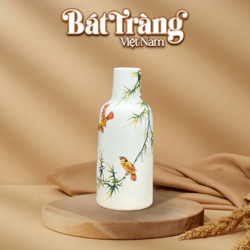 Lọ hoa gốm sứ men trắng vẽ trúc và chim BT-LH23