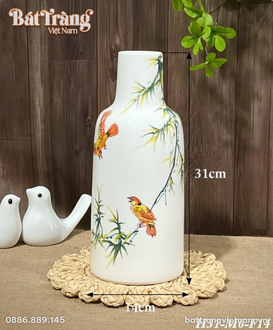 Kích thước Lọ hoa gốm sứ men trắng vẽ trúc và chim BT-LH23