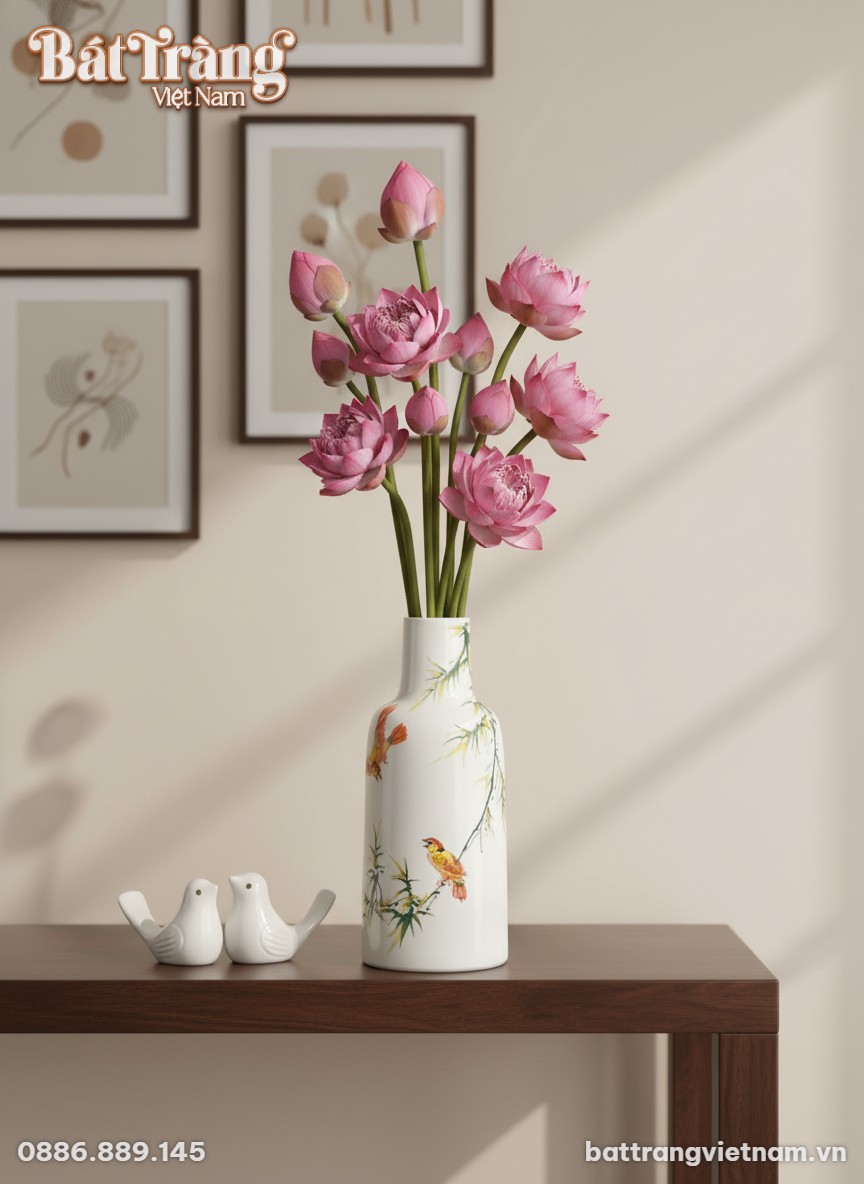 Lọ hoa gốm sứ men trắng vẽ trúc và chim (cao 31...