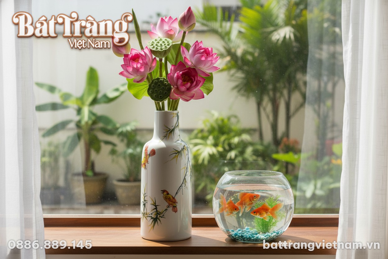 Lọ hoa gốm sứ men trắng vẽ trúc và chim (cao 31...