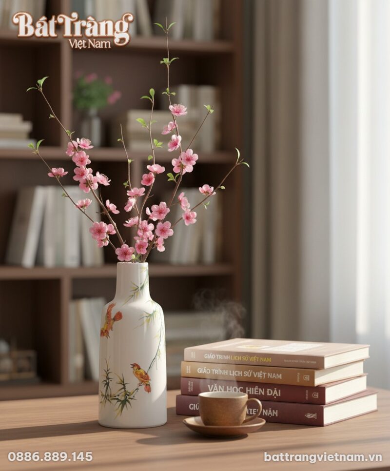 Cận cảnh lọ hoa gốm sứ men trắng vẽ trúc và chi... Cận cảnh lọ hoa gốm sứ men trắng vẽ trúc và chi...