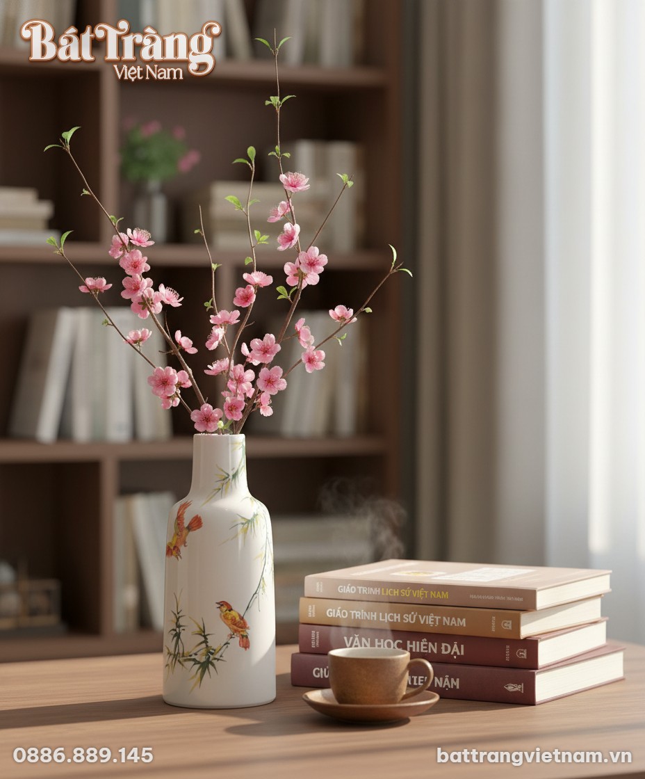 Cận cảnh lọ hoa gốm sứ men trắng vẽ trúc và chi...