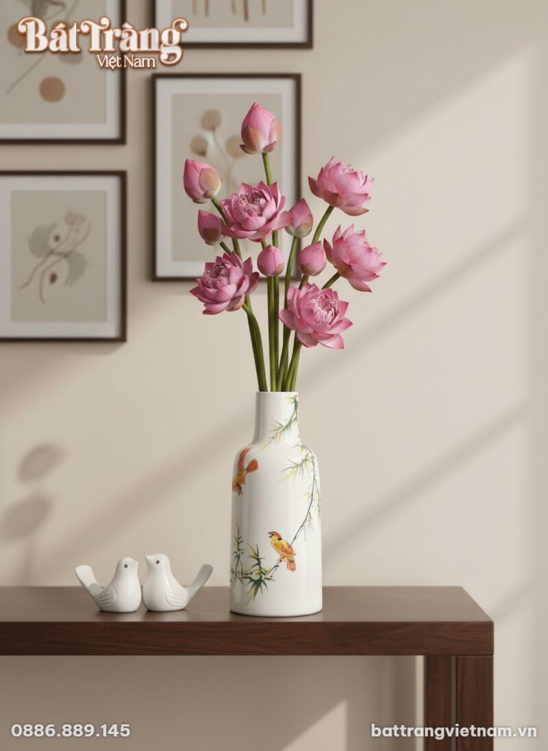 Lọ hoa gốm sứ men trắng vẽ trúc và chim (cao 31... Lọ hoa gốm sứ men trắng vẽ trúc và chim (cao 31...