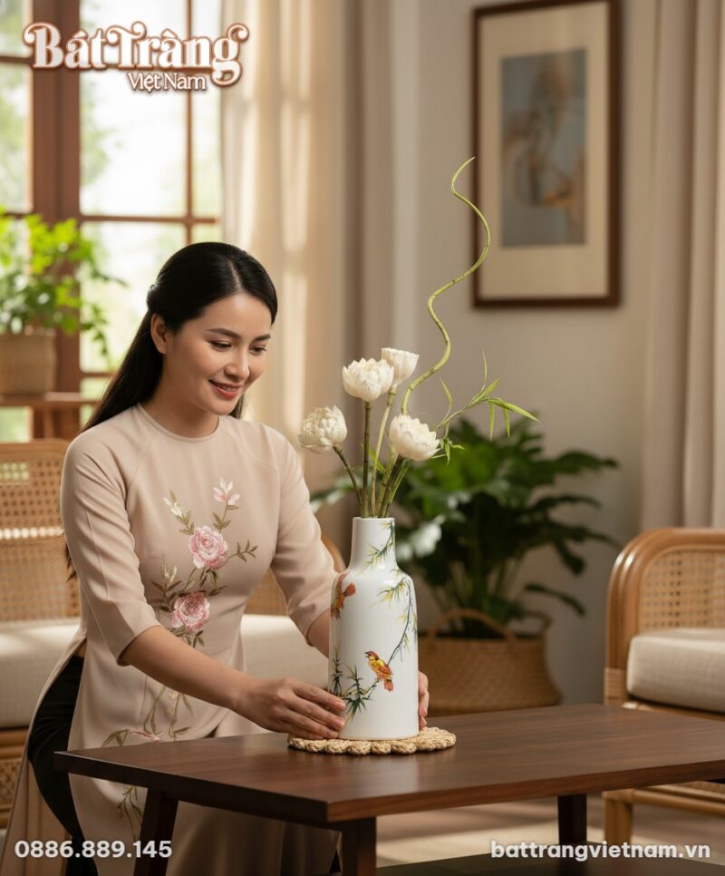 Một phụ nữ mặc áo dài cách tân đang nhẹ nhàng đ... Một phụ nữ mặc áo dài cách tân đang nhẹ nhàng đ...