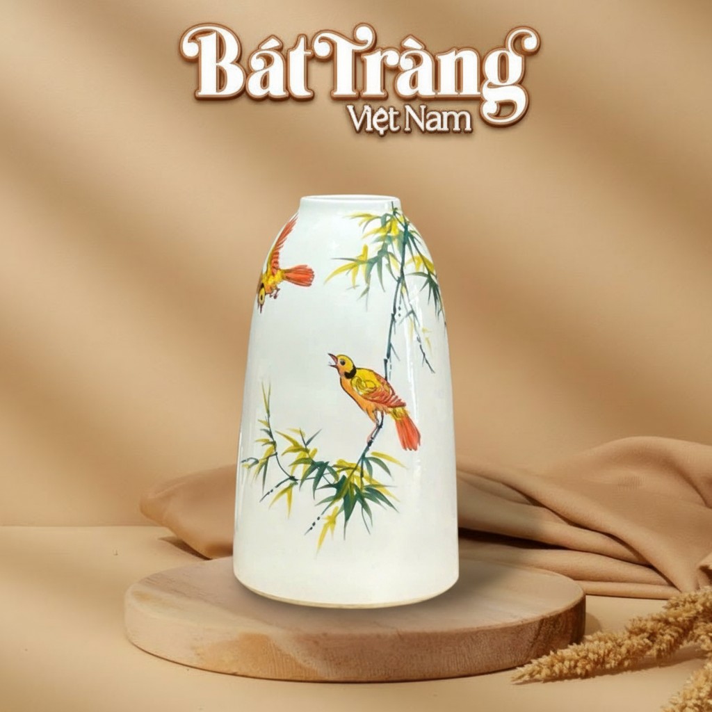 Lọ Hoa Gốm Sứ Trắng Họa Tiết Chim Vàng và Cành Tre BT-LH26