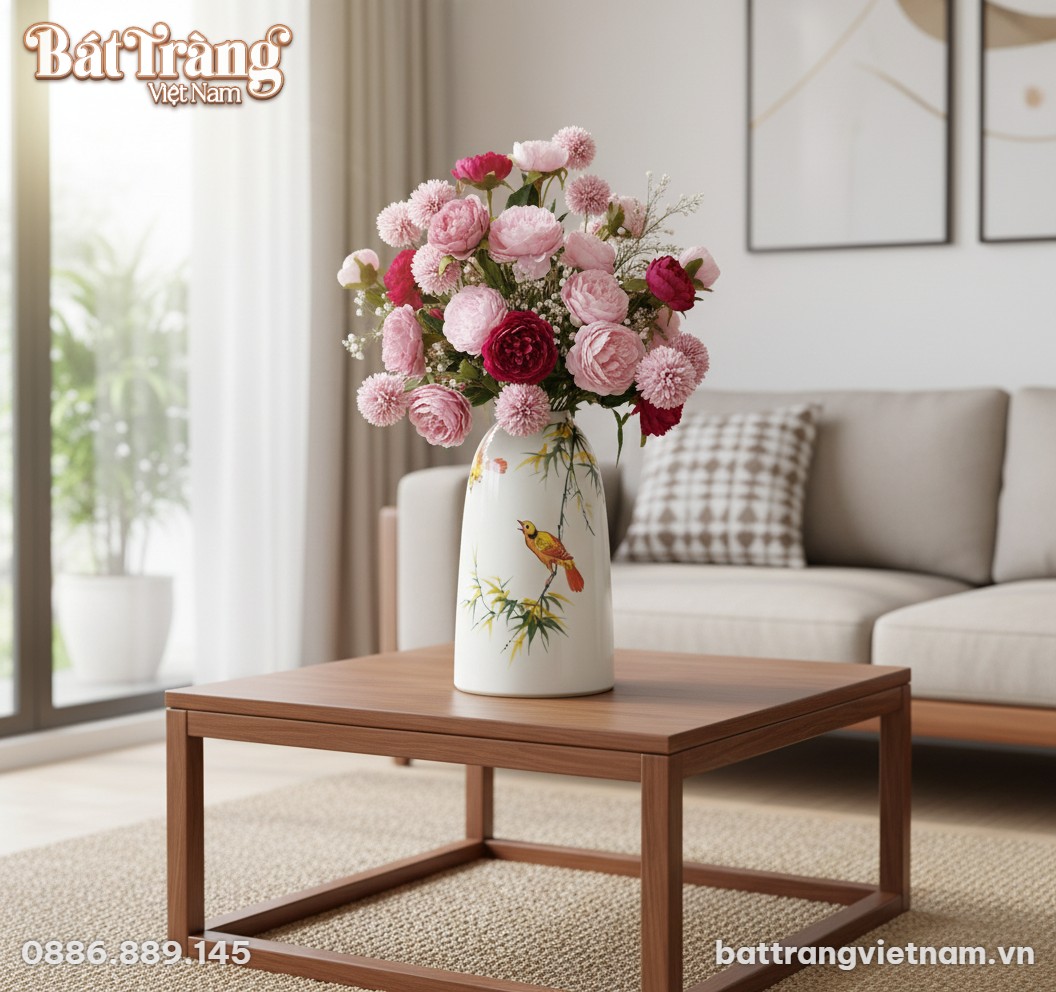 Lọ hoa gốm sứ trắng họa tiết chim và tre, cao 3...