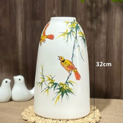 Kích thước Lọ Hoa Gốm Sứ Trắng Họa Tiết Chim Vàng và Cành Tre BT-LH26