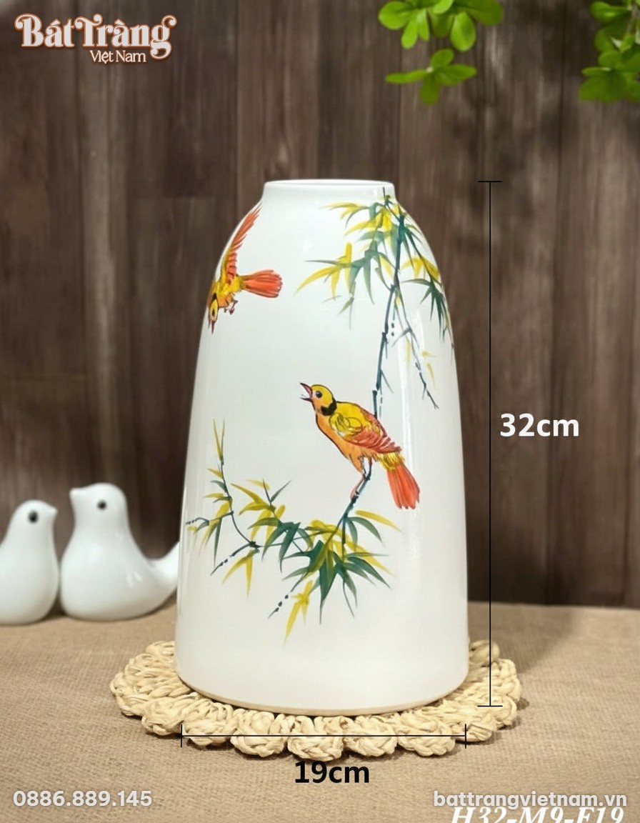 Kích thước Lọ Hoa Gốm Sứ Trắng Họa Tiết Chim Vàng và Cành Tre BT-LH26