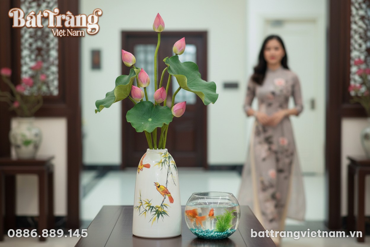 Cận cảnh lọ hoa gốm sứ trắng họa tiết chim và t...