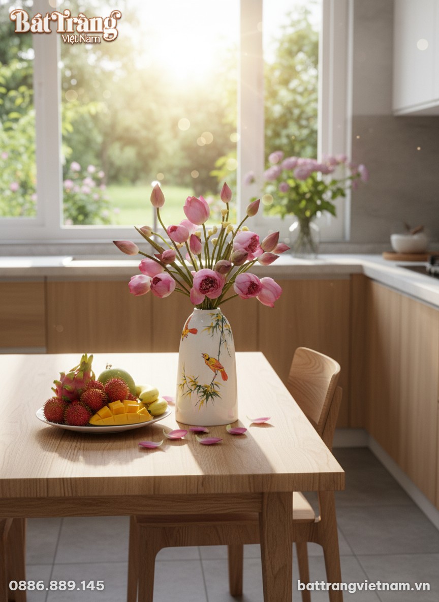 Lọ hoa gốm sứ trắng họa tiết chim vàng và tre, ...