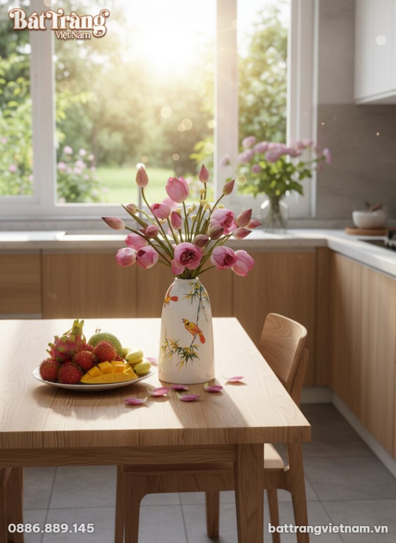 Chiếc lọ hoa gốm sứ trắng họa tiết chim và tre,... Chiếc lọ hoa gốm sứ trắng họa tiết chim và tre,...