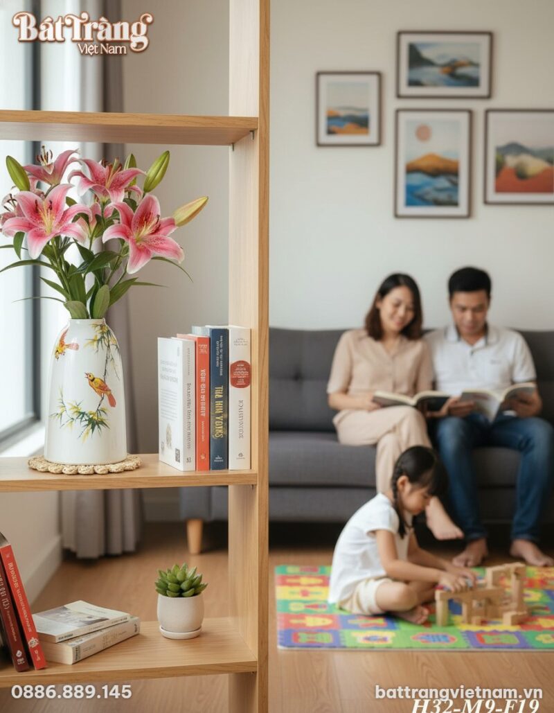 Lọ hoa gốm sứ trắng họa tiết chim vàng và tre, ... Lọ hoa gốm sứ trắng họa tiết chim vàng và tre, ...