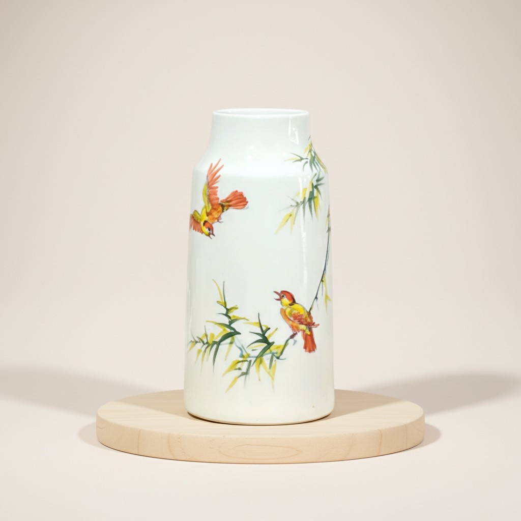Lọ hoa gốm sứ trắng men bóng họa tiết chim và cành trúc BT-LH28