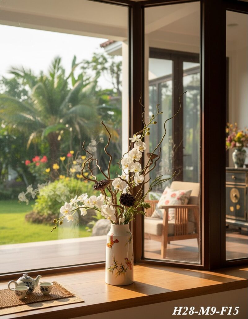 Lọ hoa gốm sứ họa tiết chim và trúc đặt trên bệ... Lọ hoa gốm sứ họa tiết chim và trúc đặt trên bệ...