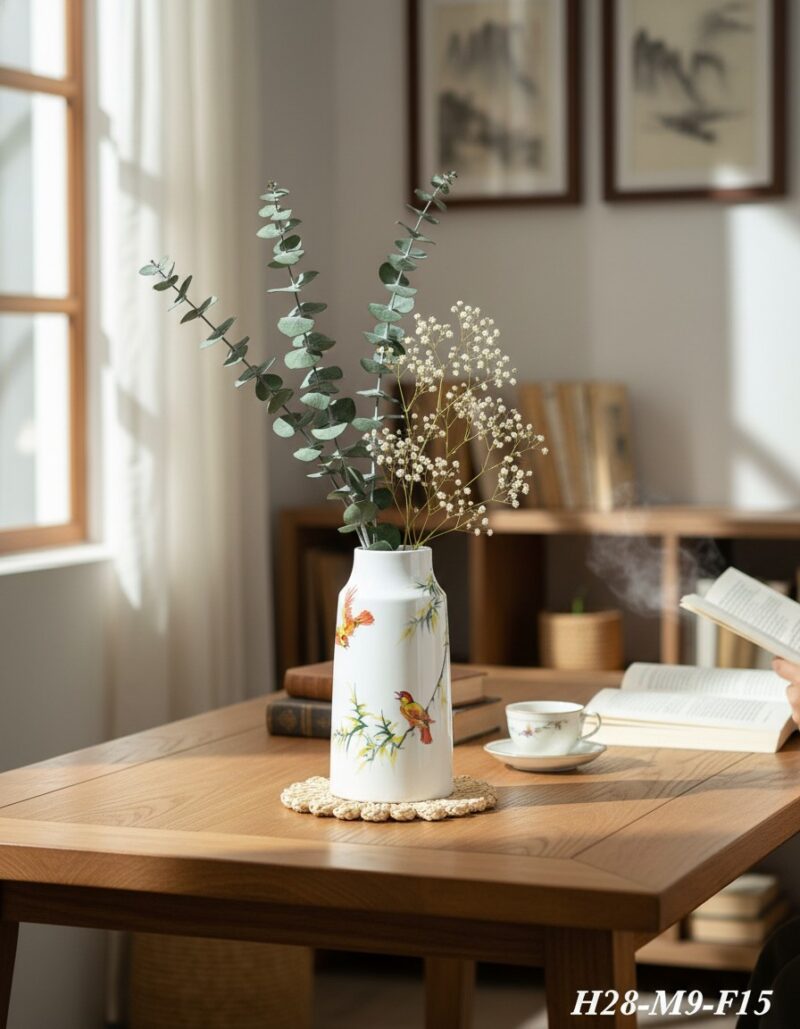 Lọ hoa gốm sứ họa tiết chim và trúc đặt trên bà... Lọ hoa gốm sứ họa tiết chim và trúc đặt trên bà...