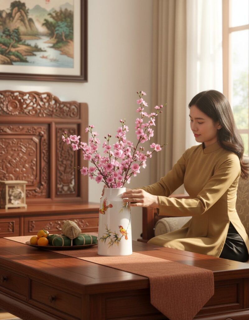 Lọ hoa gốm sứ họa tiết chim và trúc đặt trên bà... Lọ hoa gốm sứ họa tiết chim và trúc đặt trên bà...