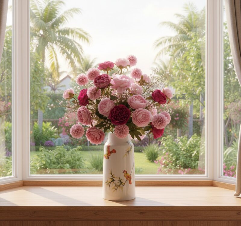 Lọ hoa gốm sứ họa tiết chim và trúc đặt trên bệ... Lọ hoa gốm sứ họa tiết chim và trúc đặt trên bệ...