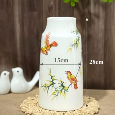 Kích thước Lọ hoa gốm sứ trắng men bóng họa tiết chim và cành trúc BT-LH28