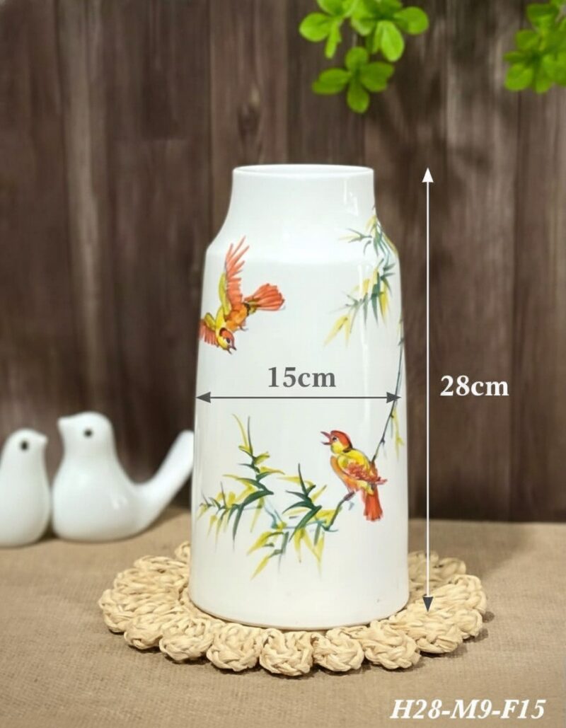 Kích thước Lọ hoa gốm sứ trắng men bóng họa tiết chim và cành trúc BT-LH28 Kích thước Lọ hoa gốm sứ trắng men bóng họa tiết chim và cành trúc BT-LH28