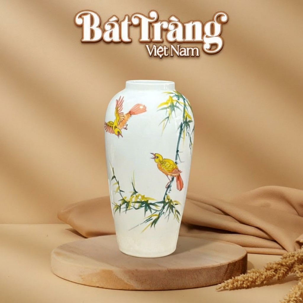 Lọ hoa gốm sứ trắng vẽ chim và trúc cảnh dáng bom BT-LH27