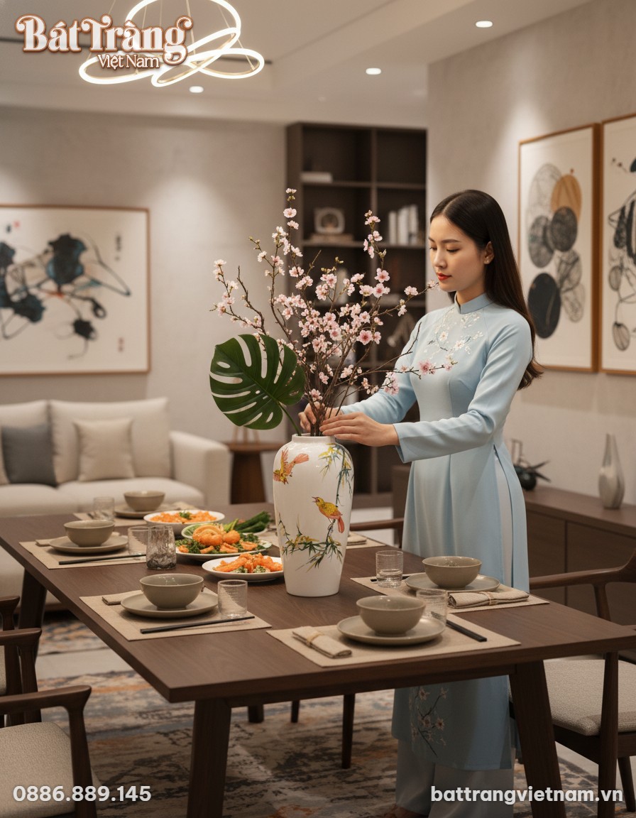 Một người phụ nữ mặc áo dài cách tân màu pastel...