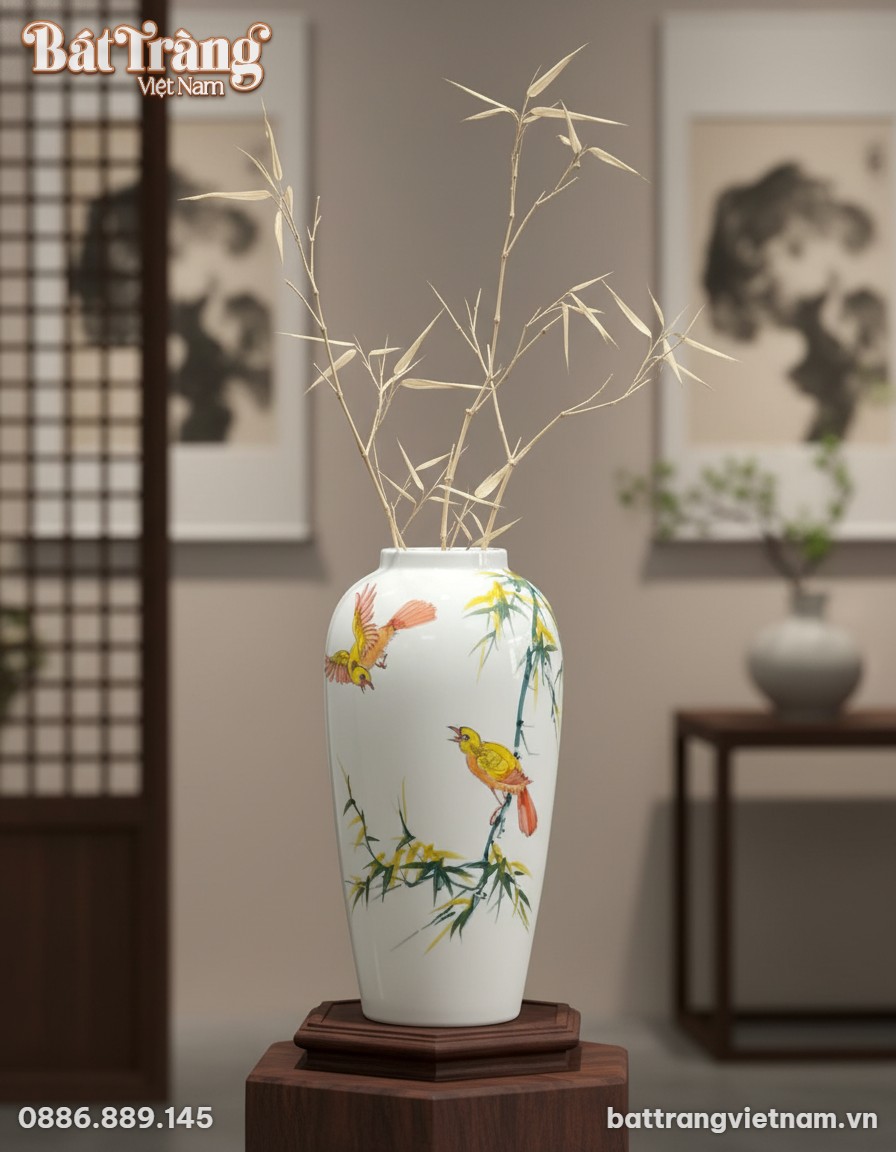 Ảnh cận cảnh (close-up) lọ hoa gốm sứ trắng vẽ ...