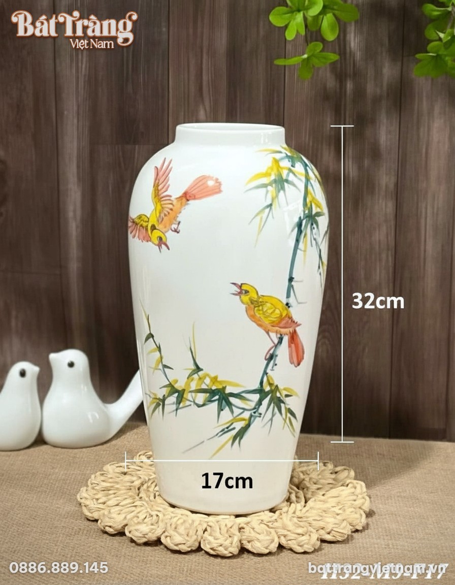 Kích thước Lọ hoa gốm sứ trắng vẽ chim và trúc cảnh dáng bom BT-LH27