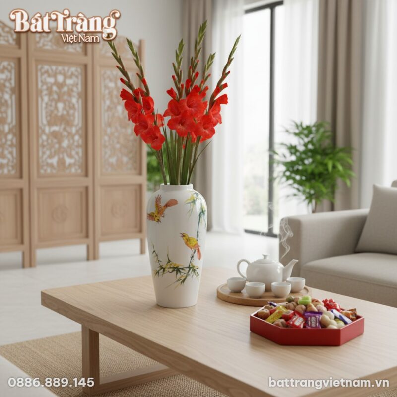 Lọ hoa gốm sứ trắng vẽ chim và trúc đặt trên bà... Lọ hoa gốm sứ trắng vẽ chim và trúc đặt trên bà...