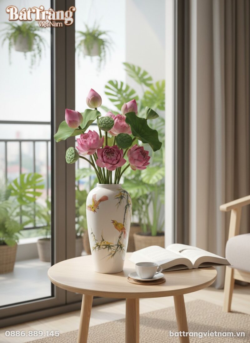 Lọ hoa gốm sứ trắng vẽ chim và trúc, thân cao, ... Lọ hoa gốm sứ trắng vẽ chim và trúc, thân cao, ...