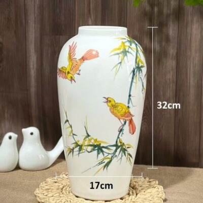 Kích thước Lọ hoa gốm sứ trắng vẽ chim và trúc cảnh dáng bom BT-LH27