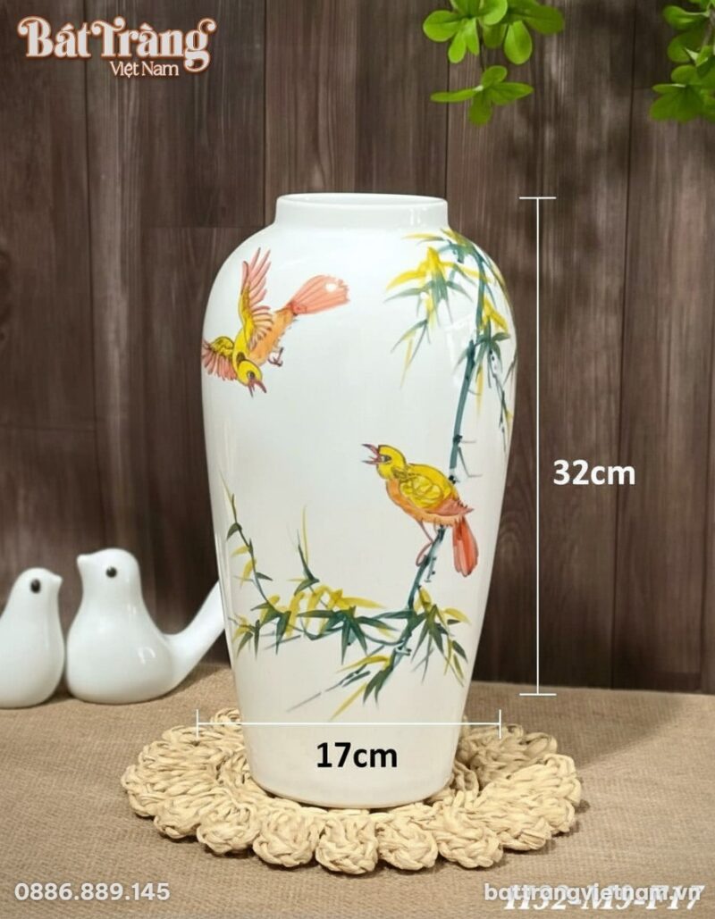 Kích thước Lọ hoa gốm sứ trắng vẽ chim và trúc cảnh dáng bom BT-LH27 Kích thước Lọ hoa gốm sứ trắng vẽ chim và trúc cảnh dáng bom BT-LH27