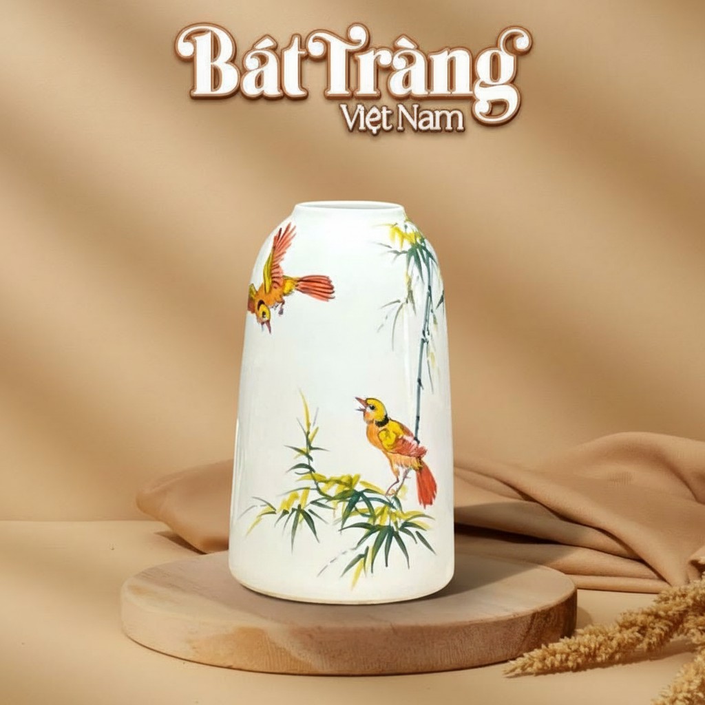 Lọ Hoa Gốm Sứ Trắng Vẽ Chim Và Trúc H29 BT-LH25