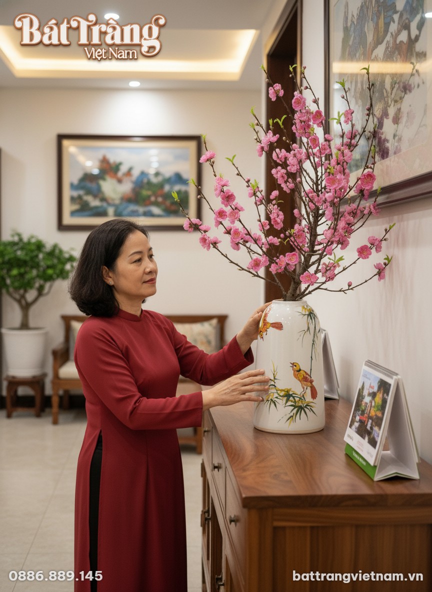 Lọ hoa gốm Bát Tràng H29cm vẽ chim và trúc, đượ...