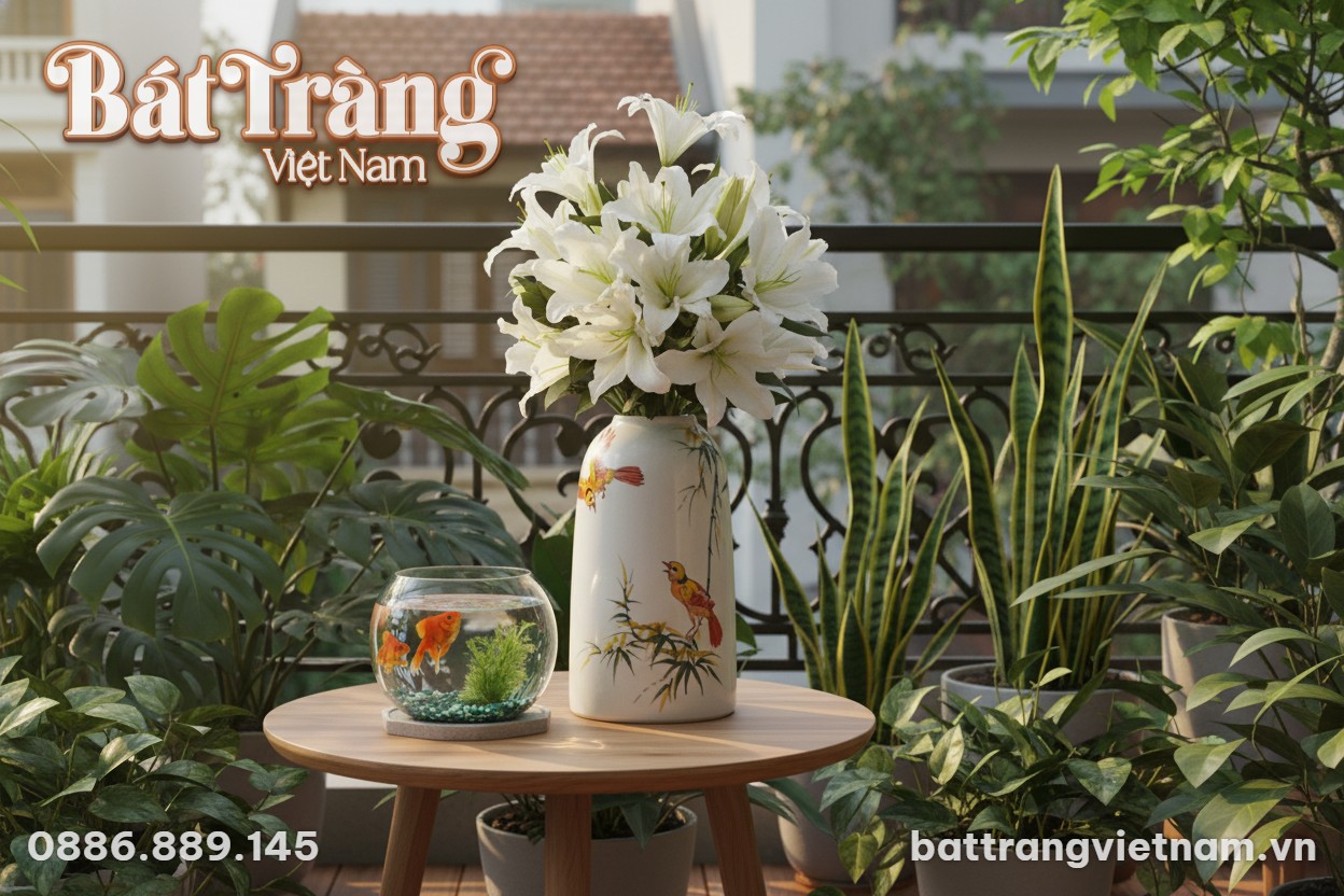 Lọ hoa gốm Bát Tràng H29cm với họa tiết chim và...