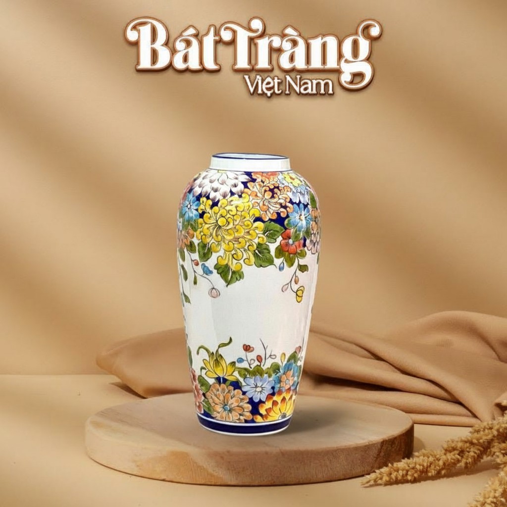Lọ hoa gốm sứ vẽ họa tiết hoa cúc và hoa lá đa sắc BT-LH23